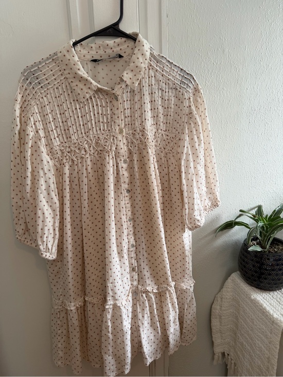 Zara Dresses & Skirts - Zara Cream Midi Dress with Tiny Red Dot Print